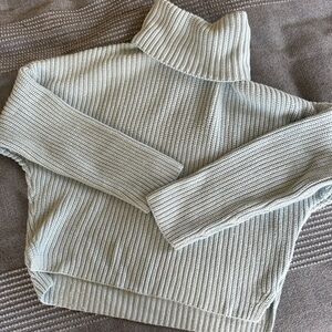 Abercrombie & Fitch Turtleneck Bell Sleeve Cropped Rib Knit Sweater - Pale Blue